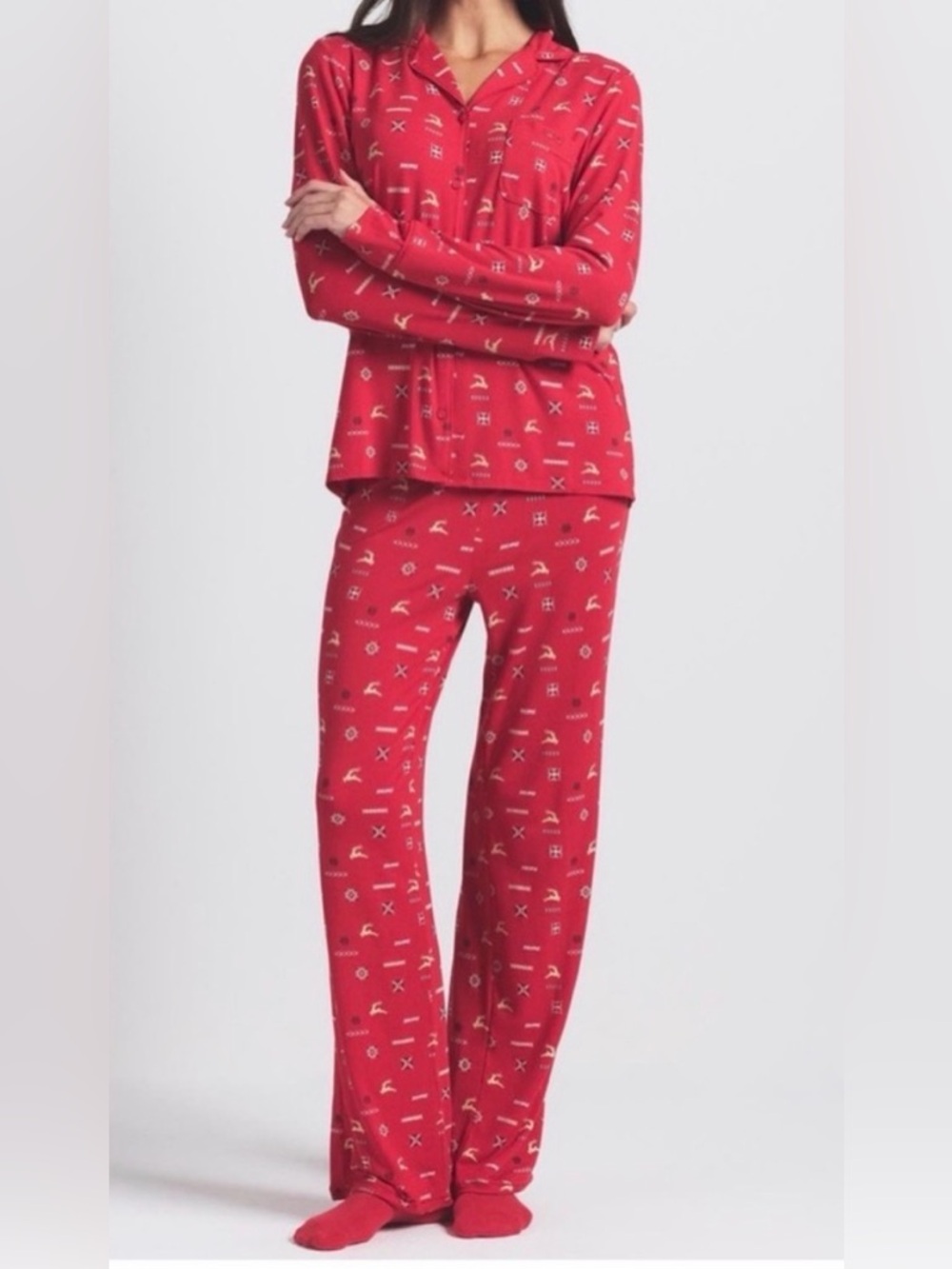 SKIMS LE Sleep Long Sleeve Button Up Set- Cranberry Vintage Reindeer Print - Picture 6 of 7